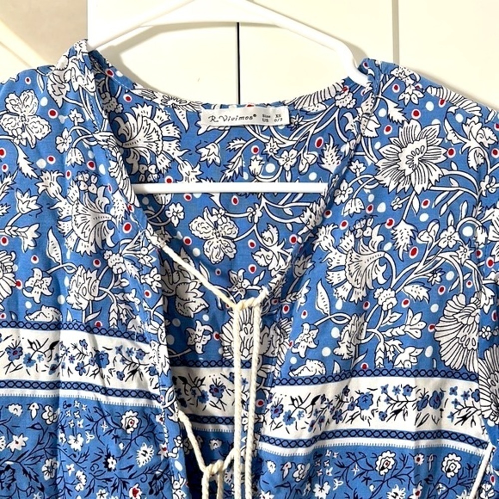 R. Vivimos Blue & White Floral Boho Print Long Sleeve V Neck with Tassels Dress - Picture 9 of 12